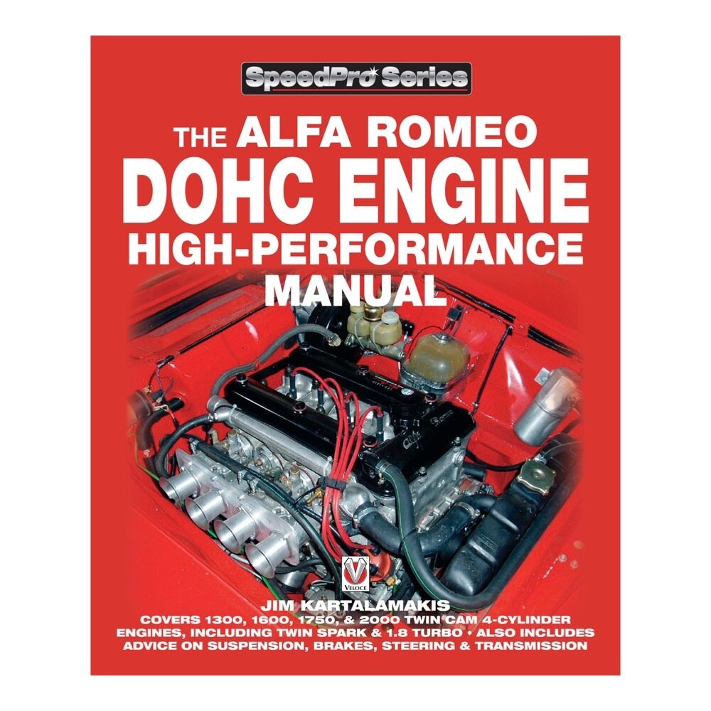 Alfa Romeo DOHC High-performance Manual (SpeedPro) Capa de manual Alfa Romeo DOHC Engine High-Performance com motor exposto e texto detalhado