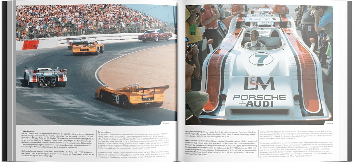 Porsche 917 - The Film - Premium Edition (Book & DVD) Livro aberto com fotos de carros de corrida clássicos, destaque para carro branco com número 7 e marcas L&M, PORSCHE, AUDI