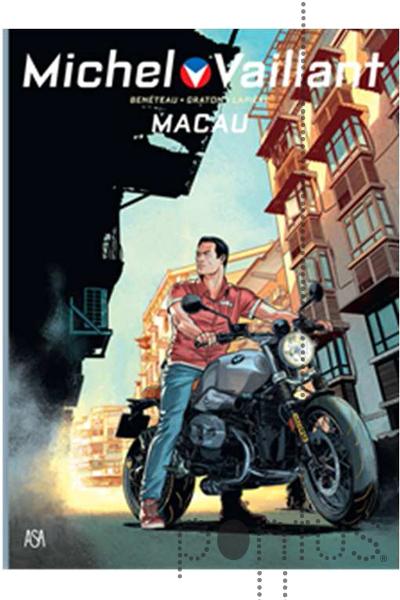 Michel Vaillant Volume 7: Macau Capa de banda desenhada Michel Vaillant com homem em mota preta em contexto urbano