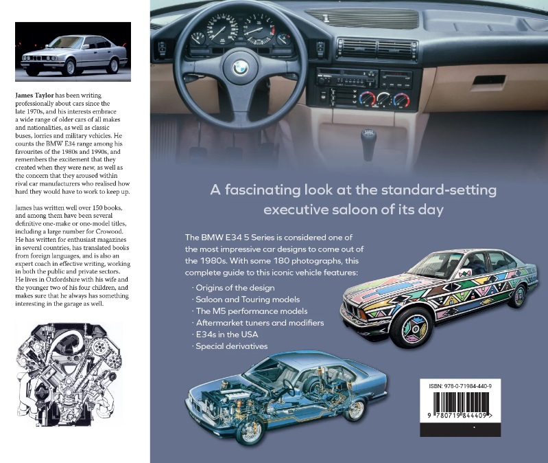 Bmw E34 - Complete history Parte traseira do livro sobre BMW E34 5 Series com fotos de carro e texto sobre características