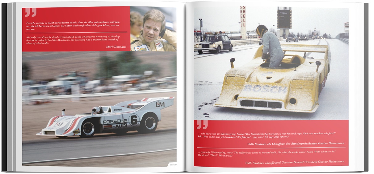 Porsche 917 - The Film - Premium Edition (Book & DVD) Livro aberto com imagens de carros de corrida Porsche e texto em português e inglês.