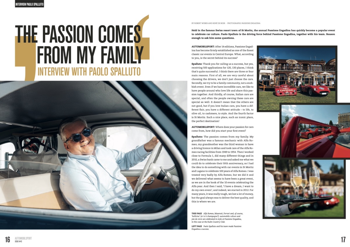 Stefan Bellof (Vol 42 Automobilsport) Entrevista em revista com homem ao volante de carro clássico creme e imagens de carros e restaurante