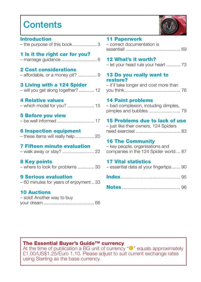 FIAT 124 Spider & Pininfarina Azzura Spider E.Buyers Guide Tabela de conteúdos de livro sobre compra do carro 124 Spider com explicação da unidade monetária BG