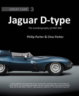 Jaguar D-Type: The Autobiography of XKD-504 Capa de livro com Jaguar D-type azul escuro e texto em fundo preto