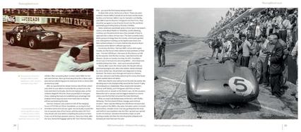 Aston Martin DB4 G.T. Continuation: History in the making Fotos em preto e branco e sépia de carros de corrida clássicos e público ao lado da pista, acompanhado de texto em inglês.