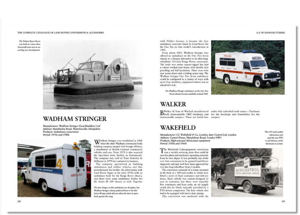 Complete Catalogue Land Rover Conversions & Accessories Página de revista com imagens e textos de veículos especializados, incluindo hovercraft, ambulância e veículo de marca WALKER e WAKEFIELD.