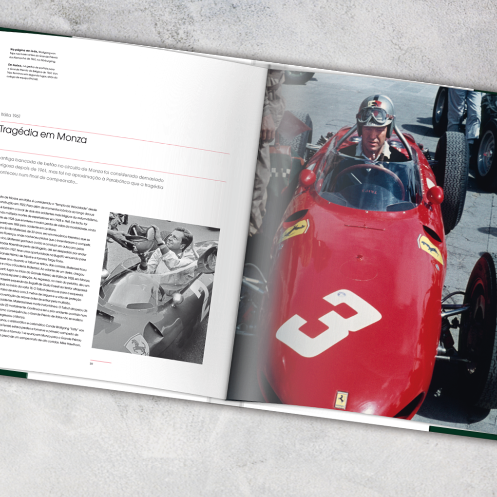 Fórmula 1 - As Controvérsias: Momentos Dramáticos Que Marcaram a F1 Página aberta de livro com texto em português e fotos de carro de corrida vermelho com número 3 e piloto