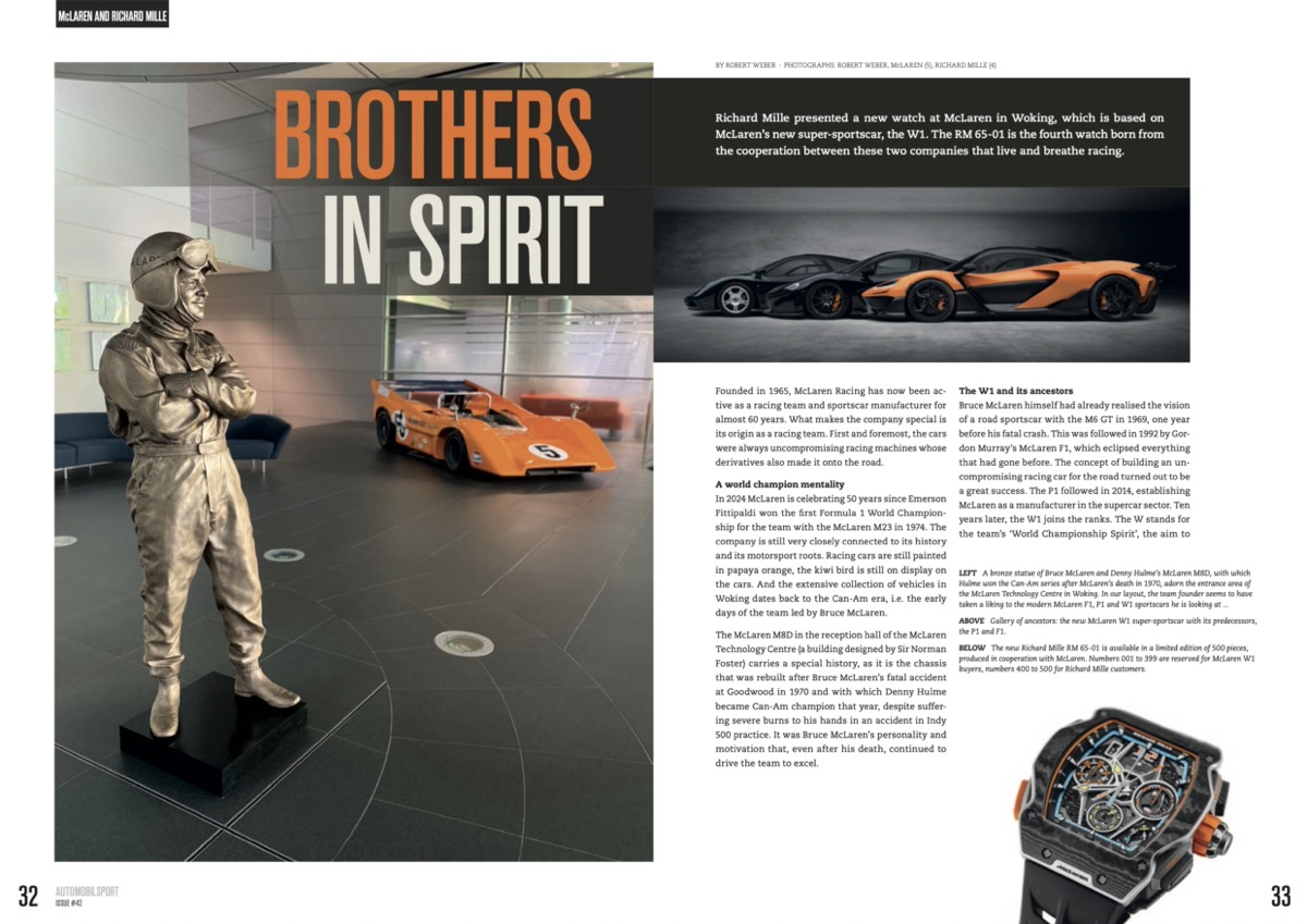 Stefan Bellof (Vol 42 Automobilsport) Página dupla de revista com carro desportivo laranja e estátua de piloto