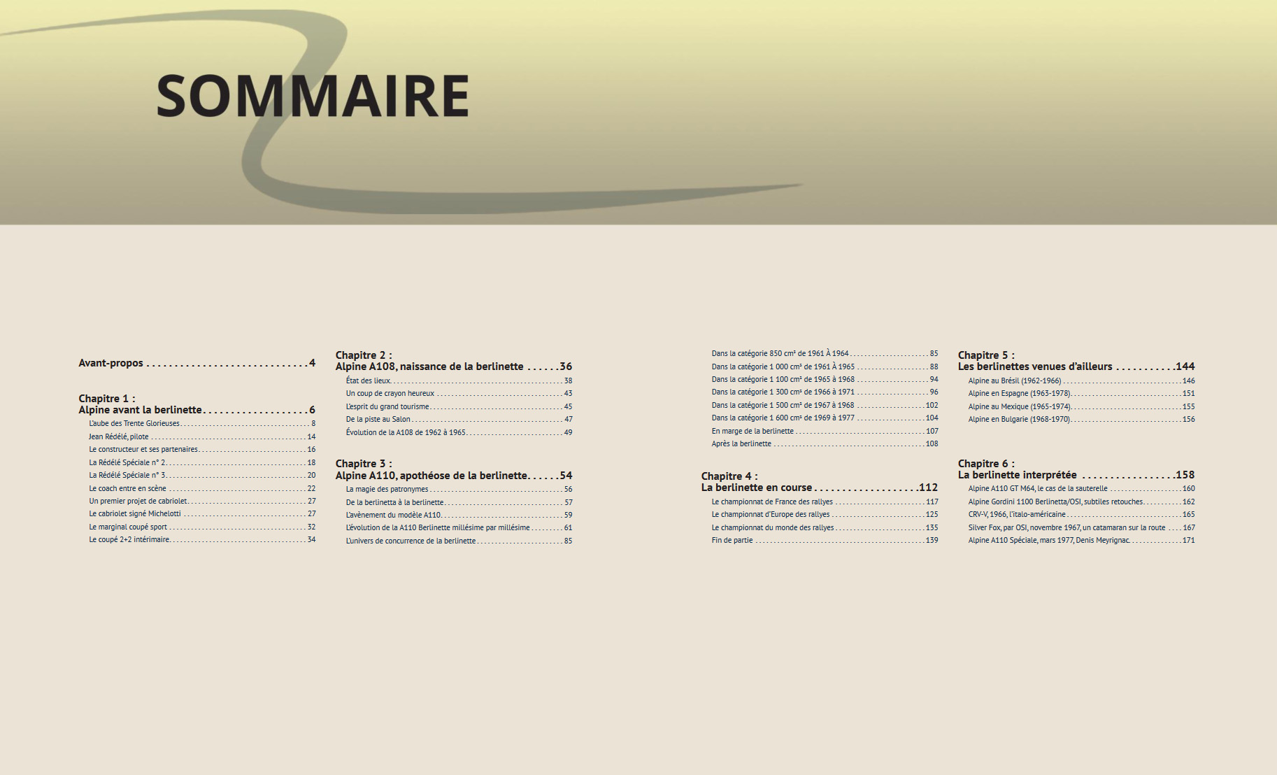 Alpine Berlinette A108 e A110 Índice de conteúdo em francês com título SOMMAIRE e várias secções numeradas
