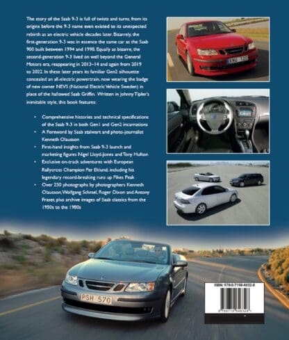 Saab 9-3: The complete Story Página de livro com texto e imagens de carros Saab 9-3 azul, vermelho e branco