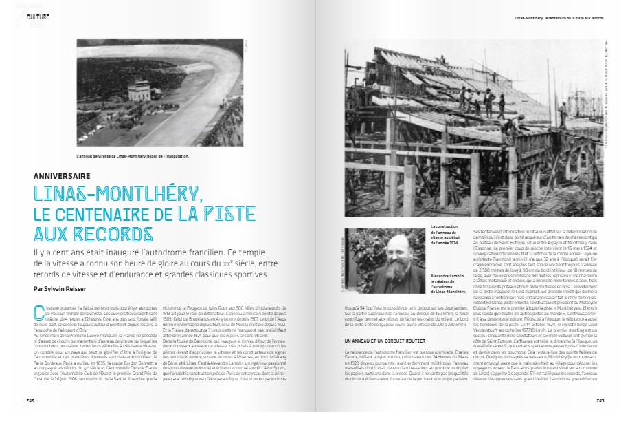 L'année automobile 2024-25 (Nr. 72) Duas páginas de revista com fotos antigas e texto em francês sobre pista de corrida e construção.
