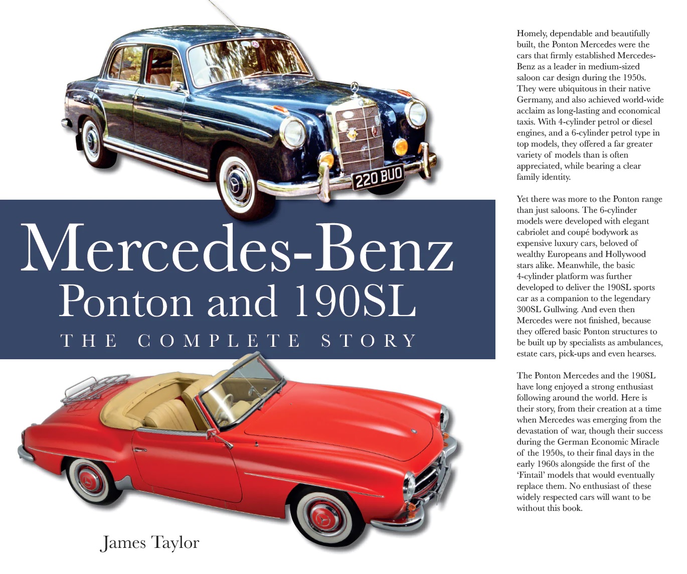 Mercedes Benz Ponton & 190SL - The complete Story Capa de livro com Mercedes-Benz Ponton azul e 190SL vermelho e texto explicativo