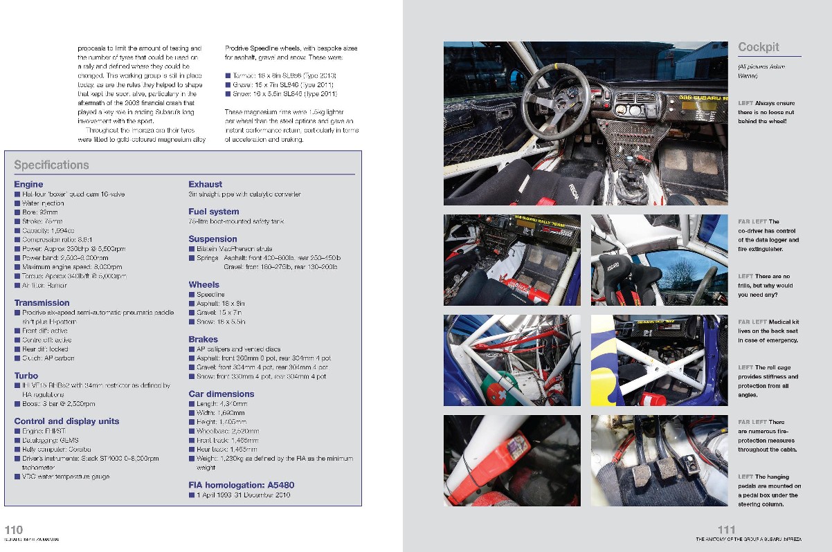 Subaru Impreza Group A Rally (1993-2008) Manual técnico de automóvel com imagens do interior de um carro de corrida e tabelas de especificações técnicas