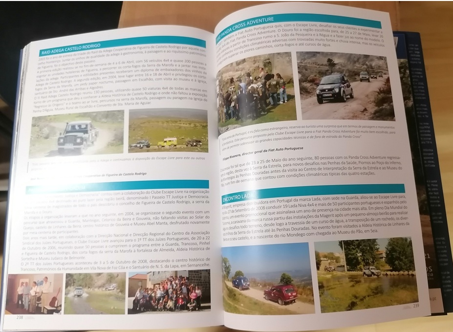 Clube Escape Livre - 40 anos de História e Aventura Páginas de revista ou livro com texto em português e imagens de carros 4x4 em trilhas