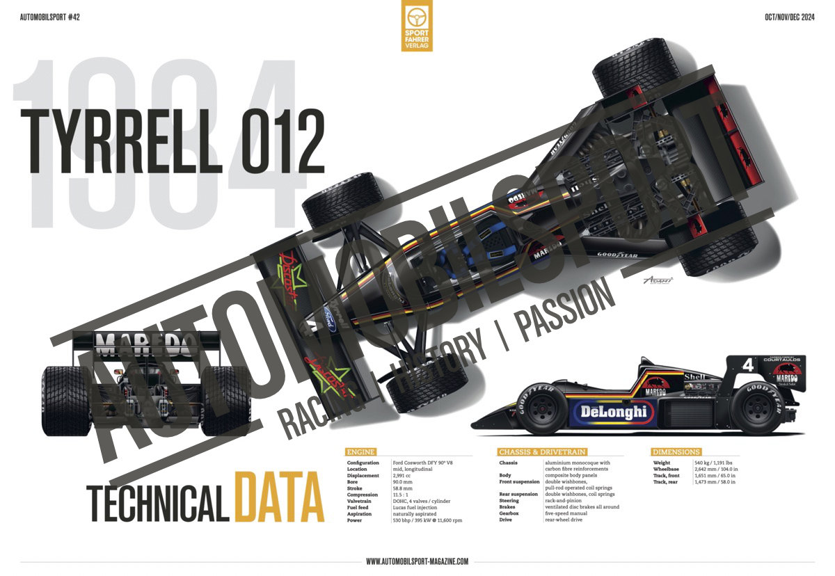 Stefan Bellof (Vol 42 Automobilsport) Modelo técnico do carro de corrida Tyrrell 012 de 1984 com detalhes dos logotipos e especificações