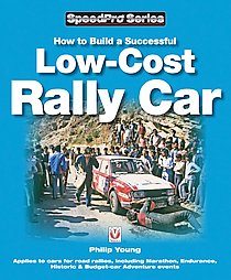 How to Build a Successful Low-Cost Rally Car Capa de livro azul com texto e imagem de carro de rali e pessoas