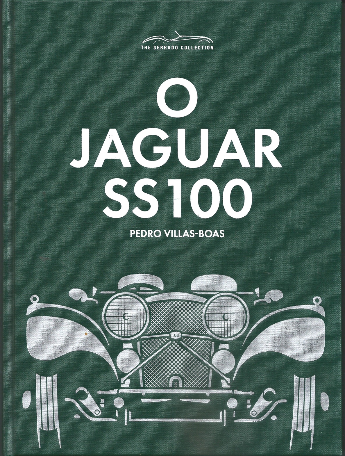 O Jaguar SS100 Capa verde de livro com desenho branco da frente de carro clássico e texto O JAGUAR SS100.