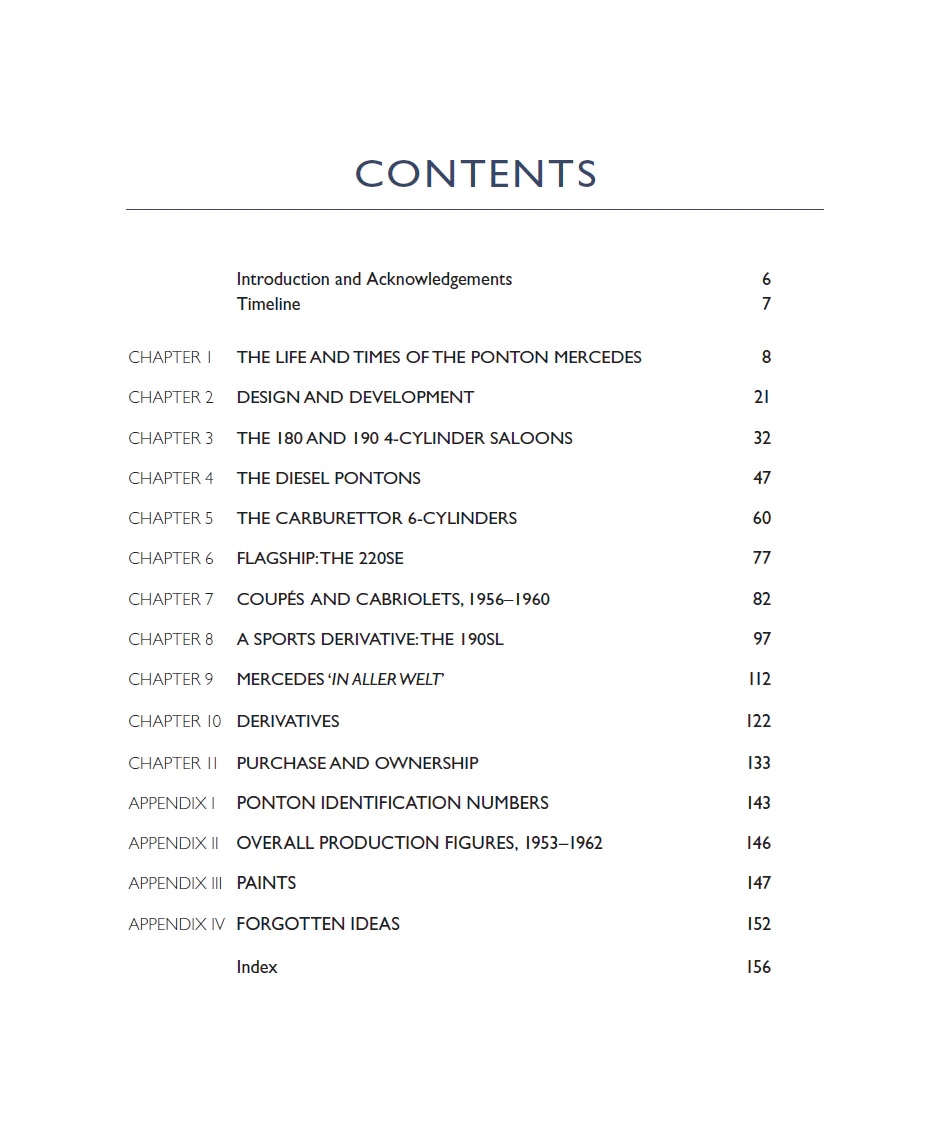 Mercedes Benz Ponton & 190SL - The complete Story Índice de conteúdo de livro sobre Ponton Mercedes com títulos de capítulos e numeração