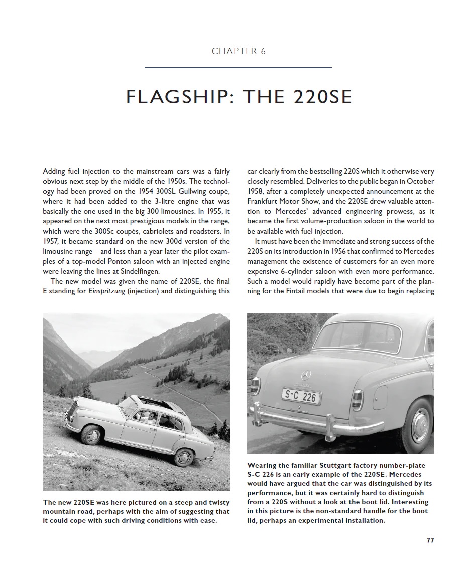Mercedes Benz Ponton & 190SL - The complete Story Página de livro com texto e duas fotos a preto e branco do carro Mercedes 220SE em estrada e em vista traseira