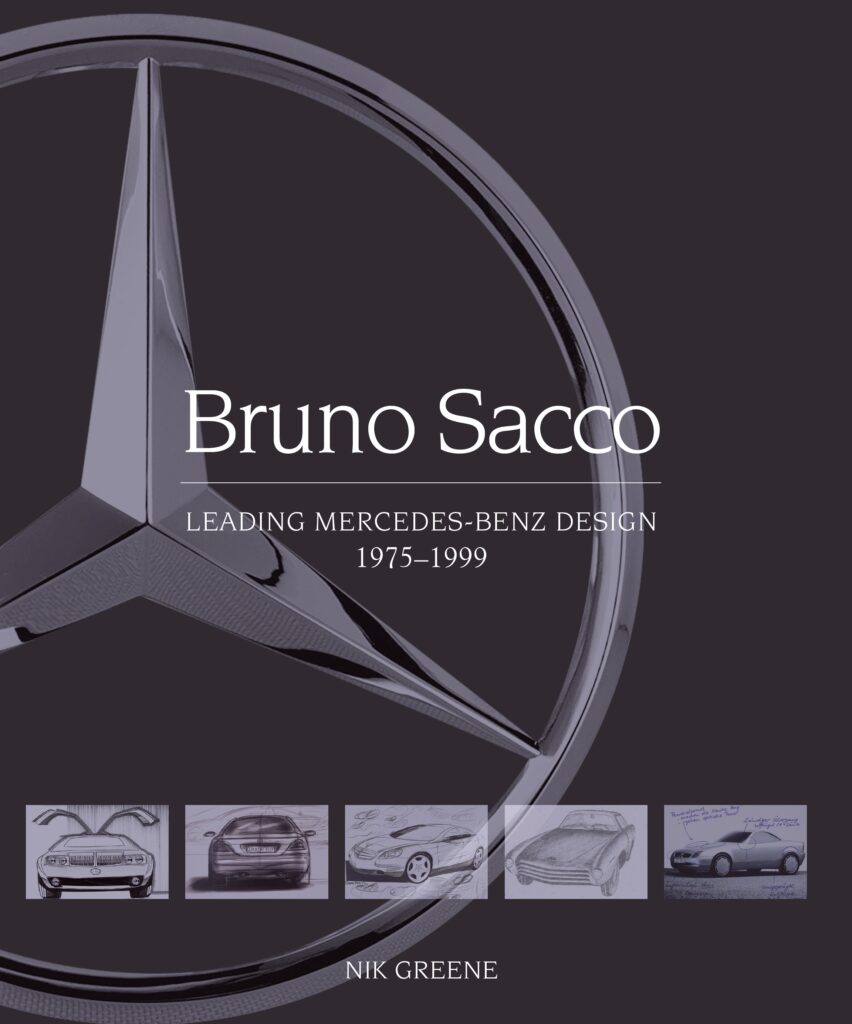 Bruno Sacco - Leading Mercedes-Benz Design 1979-1999 Capa de livro Bruno Sacco com símbolo Mercedes-Benz e esboços de carros