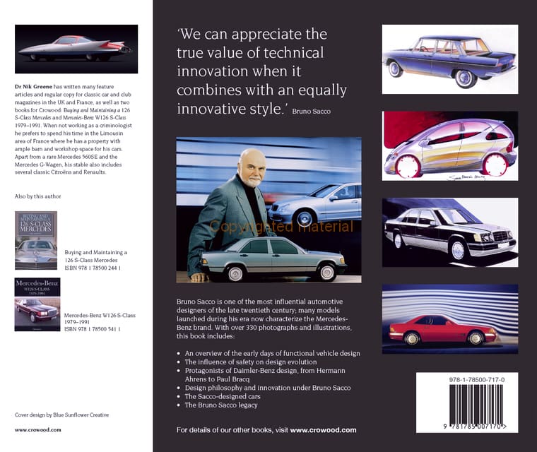 Bruno Sacco - Leading Mercedes-Benz Design 1979-1999 Contracapa de livro com ilustrações de carros clássicos e retrato de Bruno Sacco