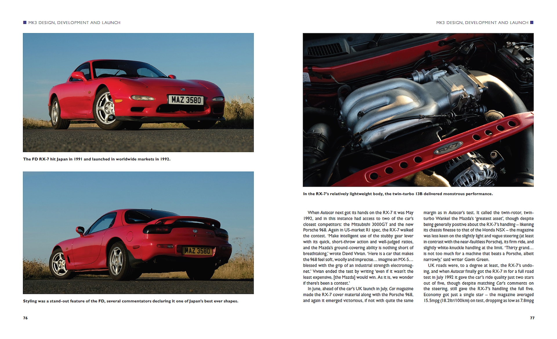 Mazda RX-7: The Complete Story Carro desportivo vermelho Mazda RX-7 com matrícula MAZ 3580 e vista do motor