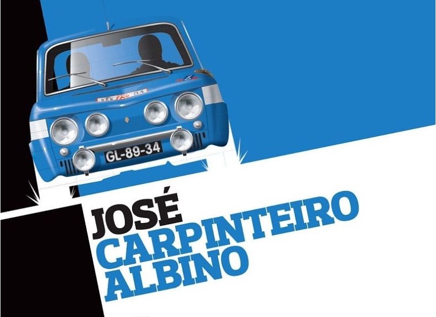 José Carpinteiro Albino Carro azul clássico com matrícula GL-89-34 e texto gráfico em fundo azul e branco