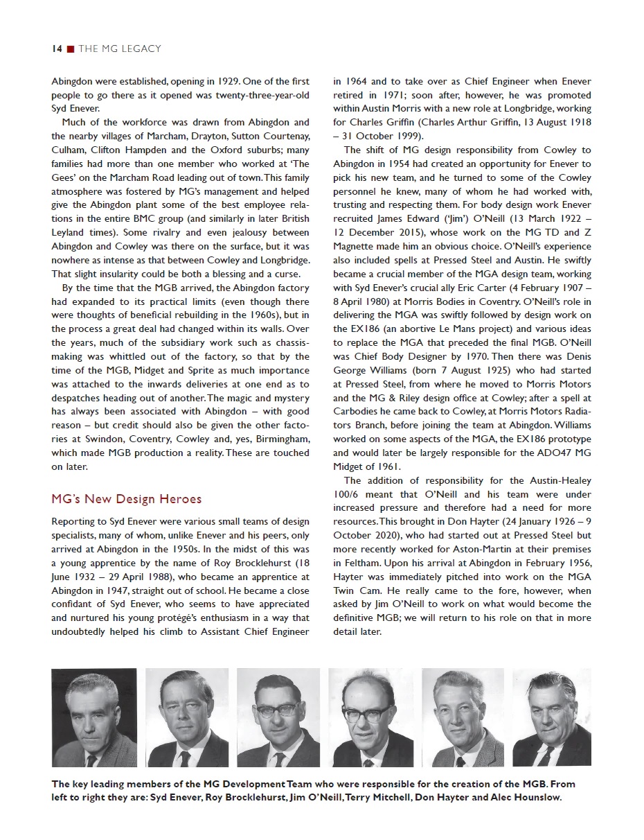 MGB - The superlative MG: Including MGC and MGB V8 Página de revista com texto sobre a história do MG e fotos de homens em trajes formais