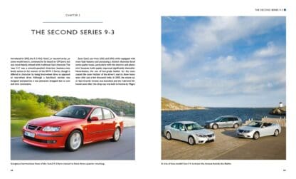 Saab 9-3: The complete Story Carros Saab 9-3 em diferentes cores em cenário de campo e praia em catálogo.