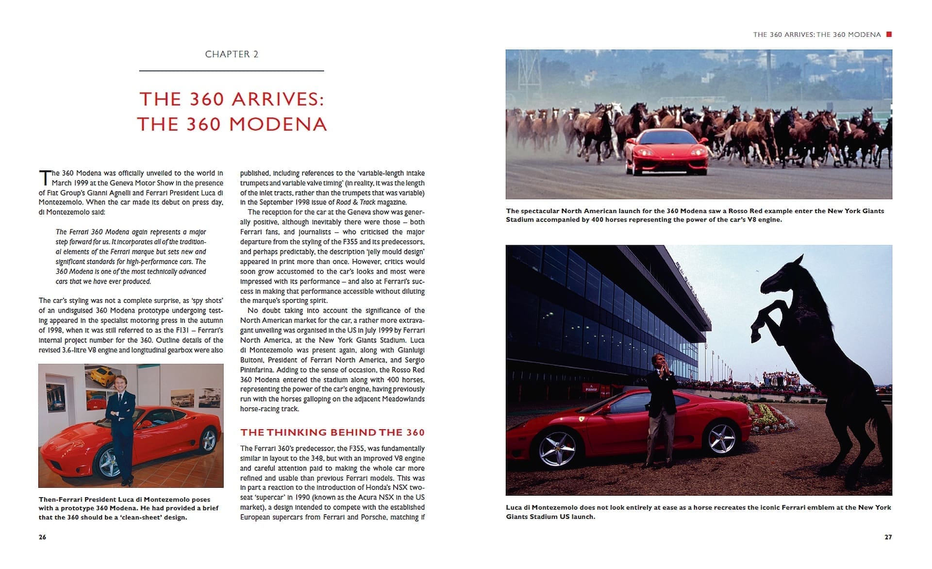 Ferrari 360: The complete story Dupla página de livro com texto sobre Ferrari 360 Modena e fotografias de carro vermelho com cavalos e cavalo em escultura