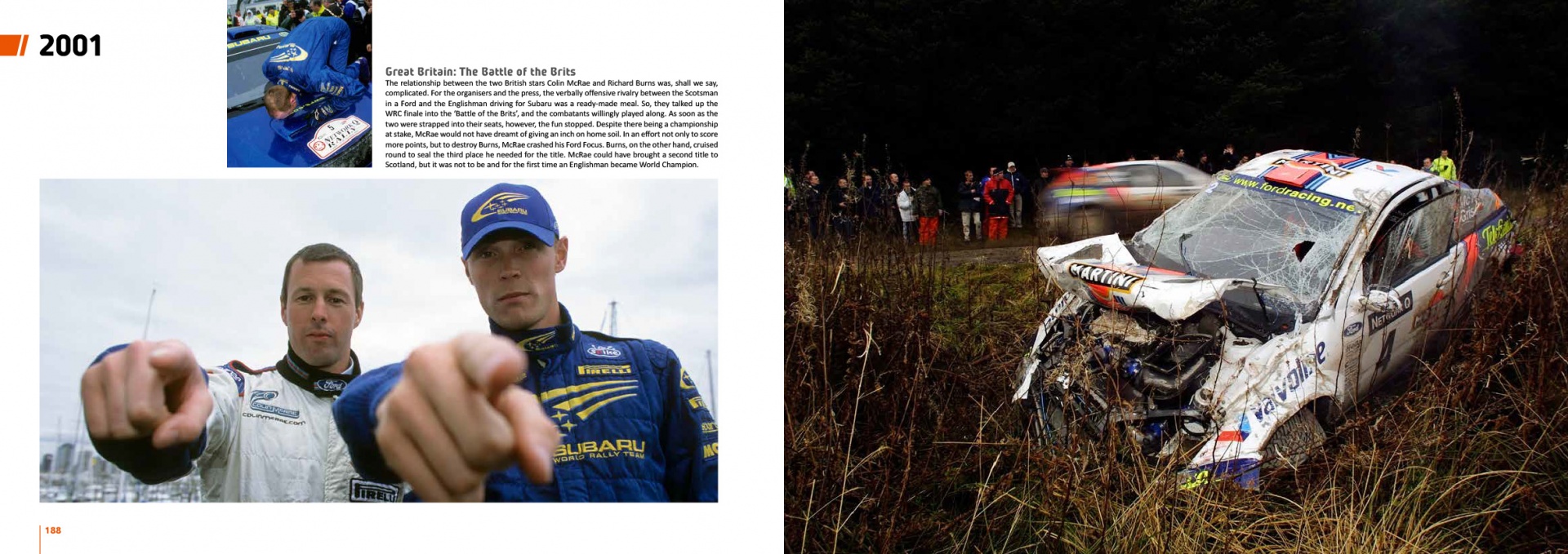 WRC 50 - The Story of the World Rally Championship 1973-2022 Foto de dois pilotos de rali e carro de rali acidentado fora da estrada