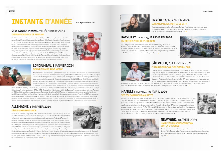 L'année automobile 2024-25 (Nr. 72) Página dupla de revista em francês com texto e várias fotos pequenas de eventos e pessoas.
