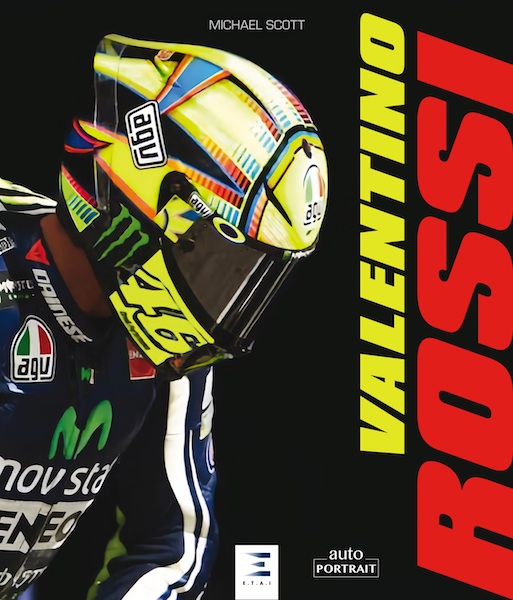 Valentino Rossi Capa de livro com capacete de motociclismo e texto Valentino Rossi.