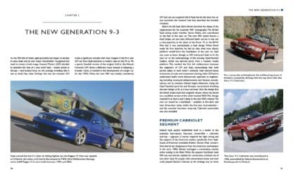 Saab 9-3: The complete Story Duas páginas de livro abertas com fotos de carros clássicos e texto em inglês.