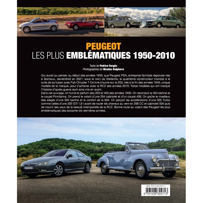 Peugeot 1950-2010 - Les plus emblématiques Capa de livro Peugeot com imagens de carros emblemáticos e texto em francês