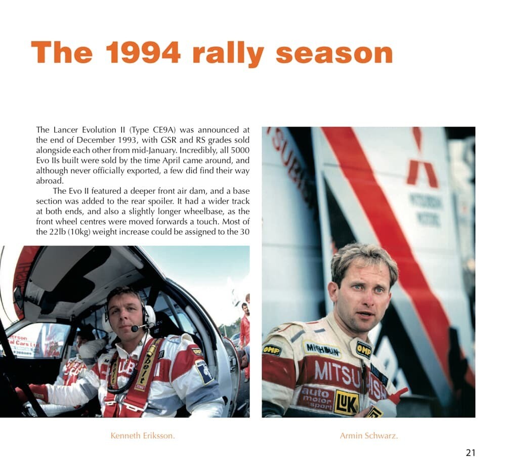 Mitsubishi Lancer Evo Página de livro sobre a época de rali de 1994 com fotos de pilotos e texto em inglês