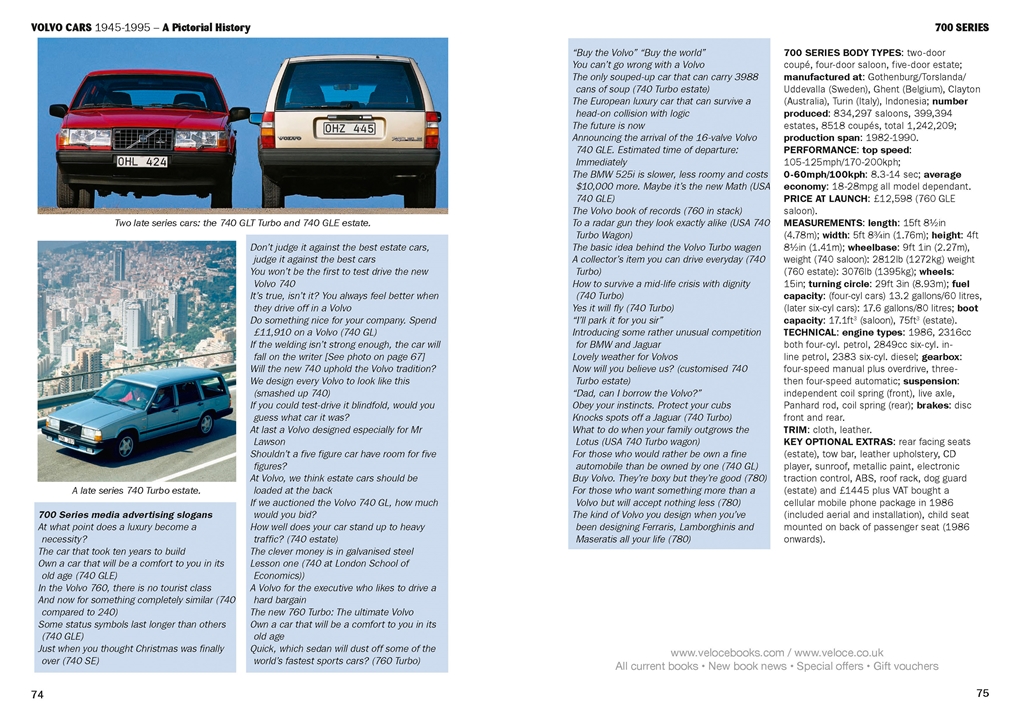 Volvo Cars 1945-1995: A Pictorial History Três carros Volvo 740 coloridos vermelho, bege e azul com texto informativo em fundo branco