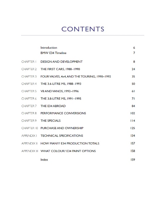 Bmw E34 - Complete history Índice de um livro com capítulos sobre BMW E34