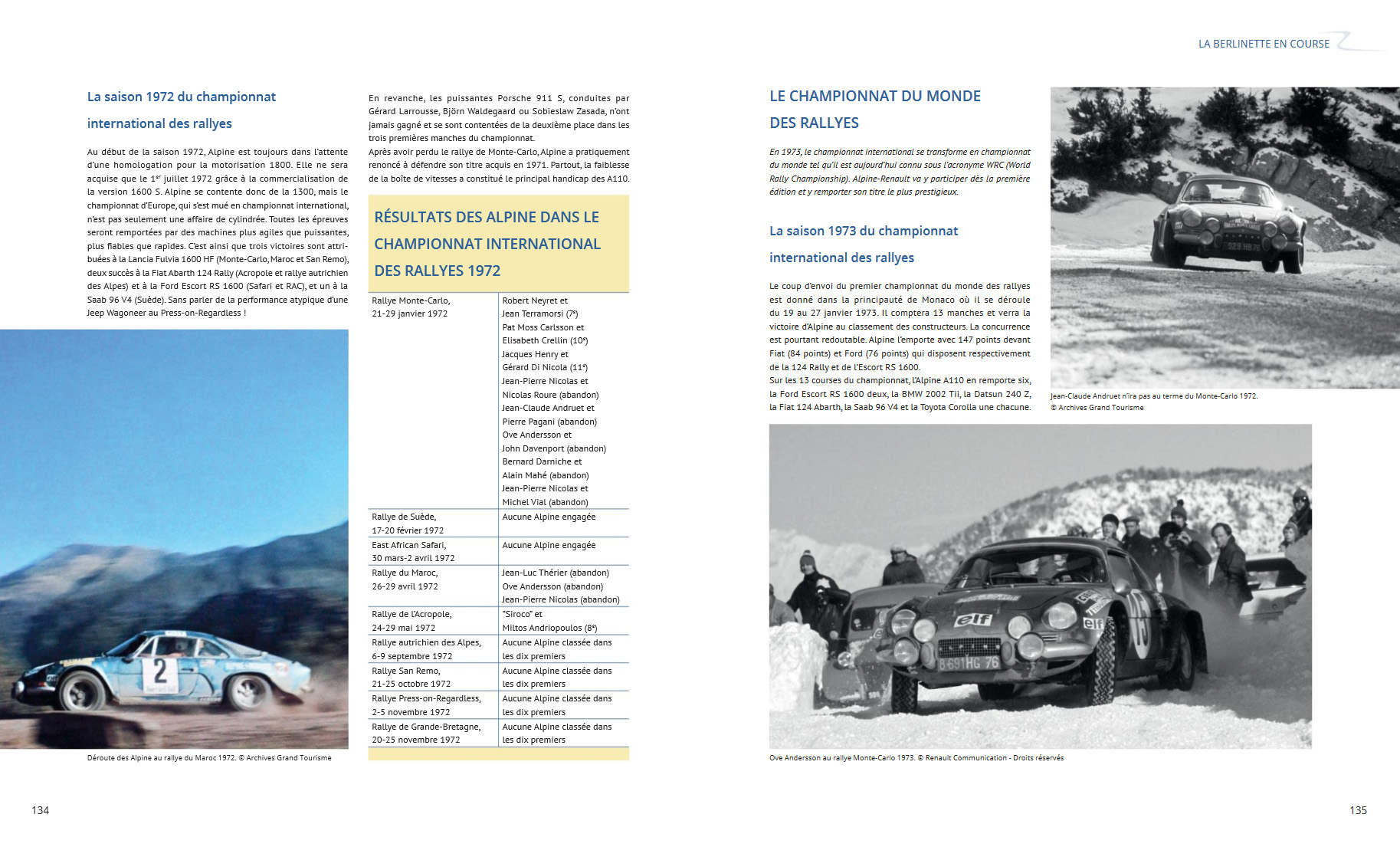 Alpine Berlinette A108 e A110 Página de livro com texto e fotos a preto e branco de carros de rali na neve.