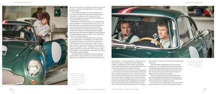 Aston Martin DB4 G.T. Continuation: History in the making Página de revista com texto em português e fotos de carro clássico de corrida verde e pessoas ao redor e dentro dele