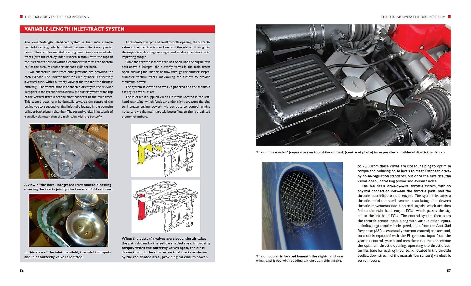 Ferrari 360: The complete story Páginas de livro técnico mostrando peças de motor e texto em inglês sobre sistema de admissão variável e sistema de óleo.