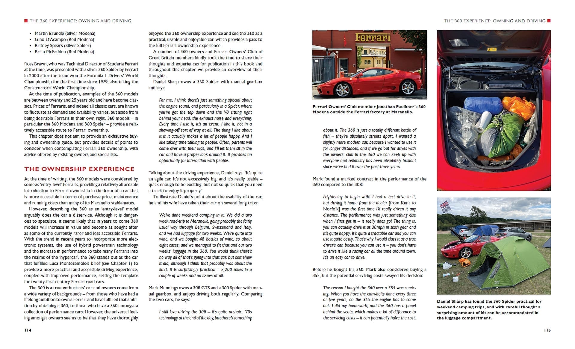 Ferrari 360: The complete story Página de livro com texto e fotografias de um Ferrari vermelho e camping