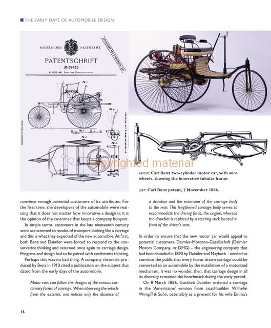 Bruno Sacco - Leading Mercedes-Benz Design 1979-1999 Patente e fotografia de um automóvel antigo de três rodas com motor a dois cilindros e estrutura tubular
