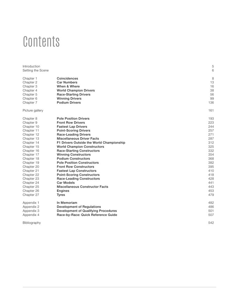 Formula 1 - The Knowledge 2nd Edition Página de índice com lista de capítulos e apêndices sobre corridas