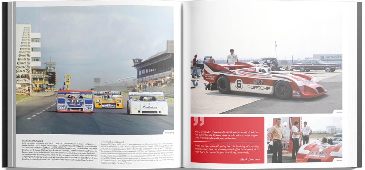 Porsche 917 - The Film - Premium Edition (Book & DVD) Livro aberto com imagens e texto sobre carros Porsche de corrida