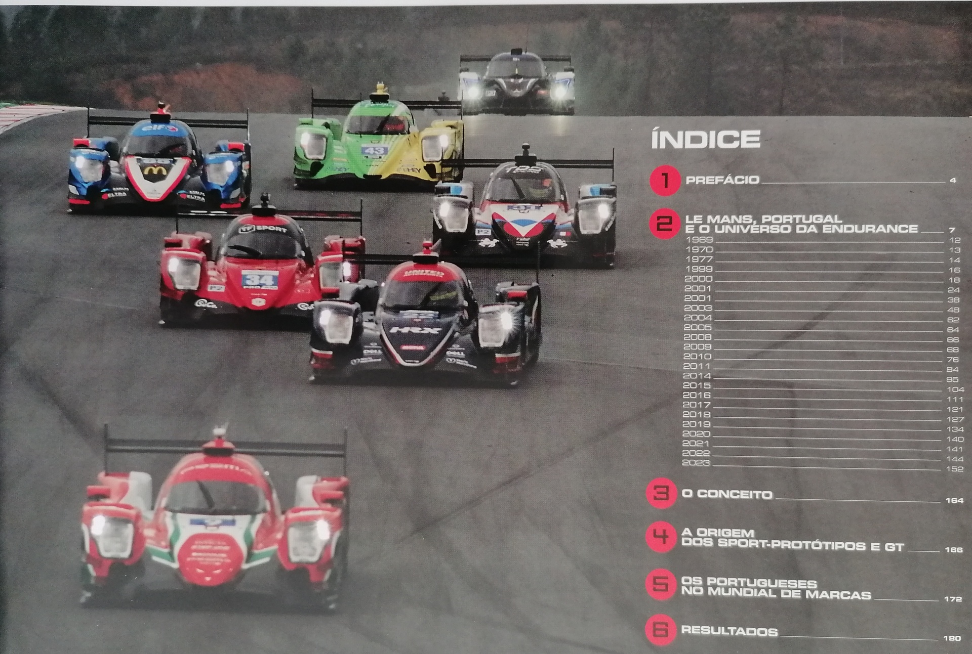 Le Mans em Portugal 1969-2023 Seis carros de corrida na pista e índice de texto em português à direita