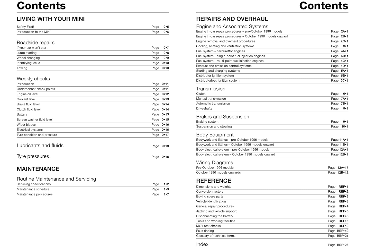 Austin Mini 1969-2001 Índice de conteúdo detalhado para manual técnico de manutenção e reparações