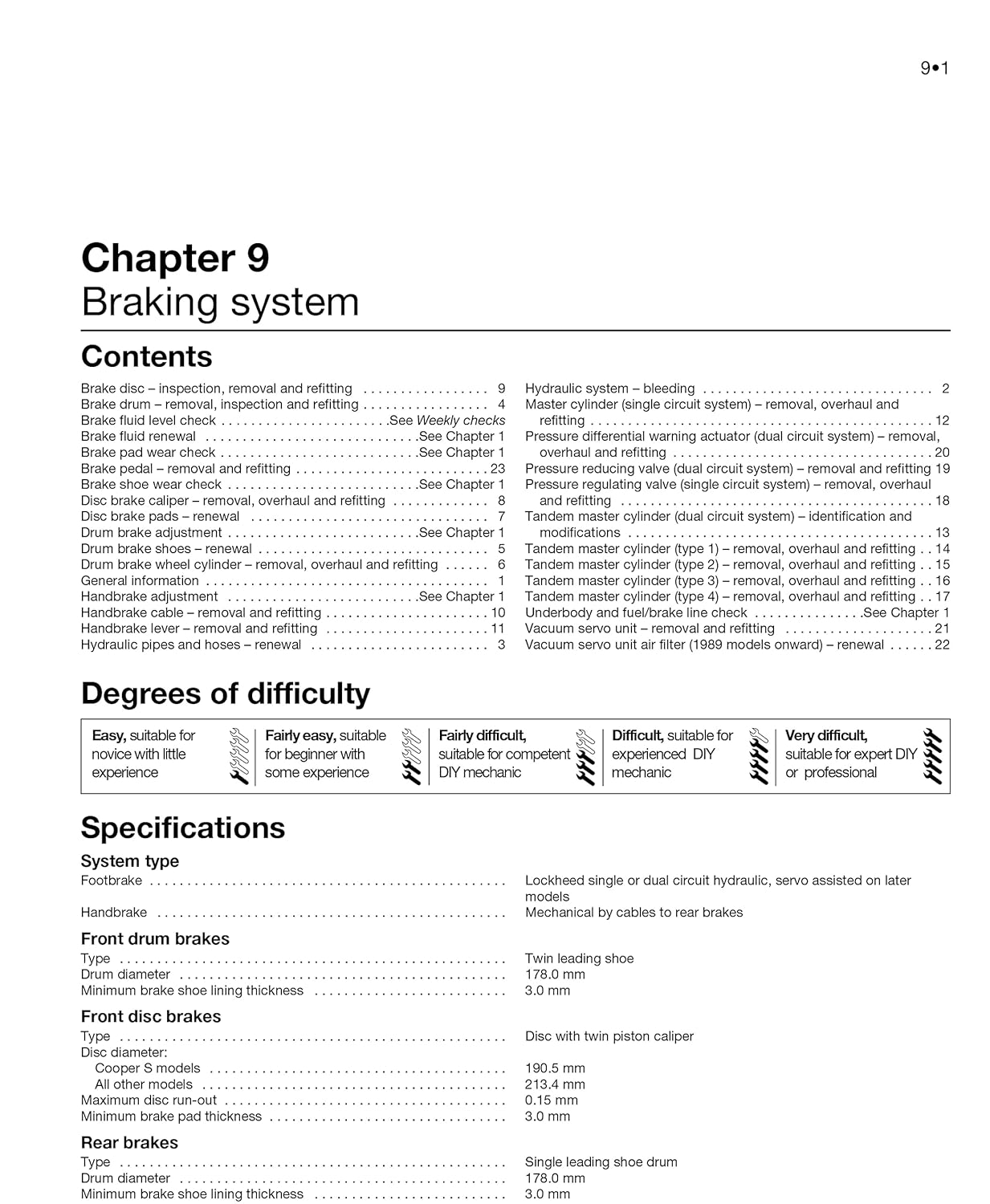 Austin Mini 1969-2001 Página de capítulo sobre sistema de travagem com índice e especificações técnicas