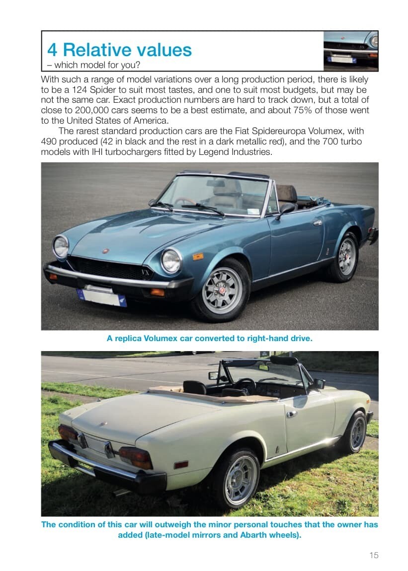 FIAT 124 Spider & Pininfarina Azzura Spider E.Buyers Guide Duas viaturas clássicas descapotáveis azul e creme convertidas para condução à direita.