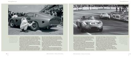 Aston Martin DB4 G.T. Continuation: History in the making Páginas de livro com fotos em preto e branco de carros de corrida clássicos e texto explicativo em inglês